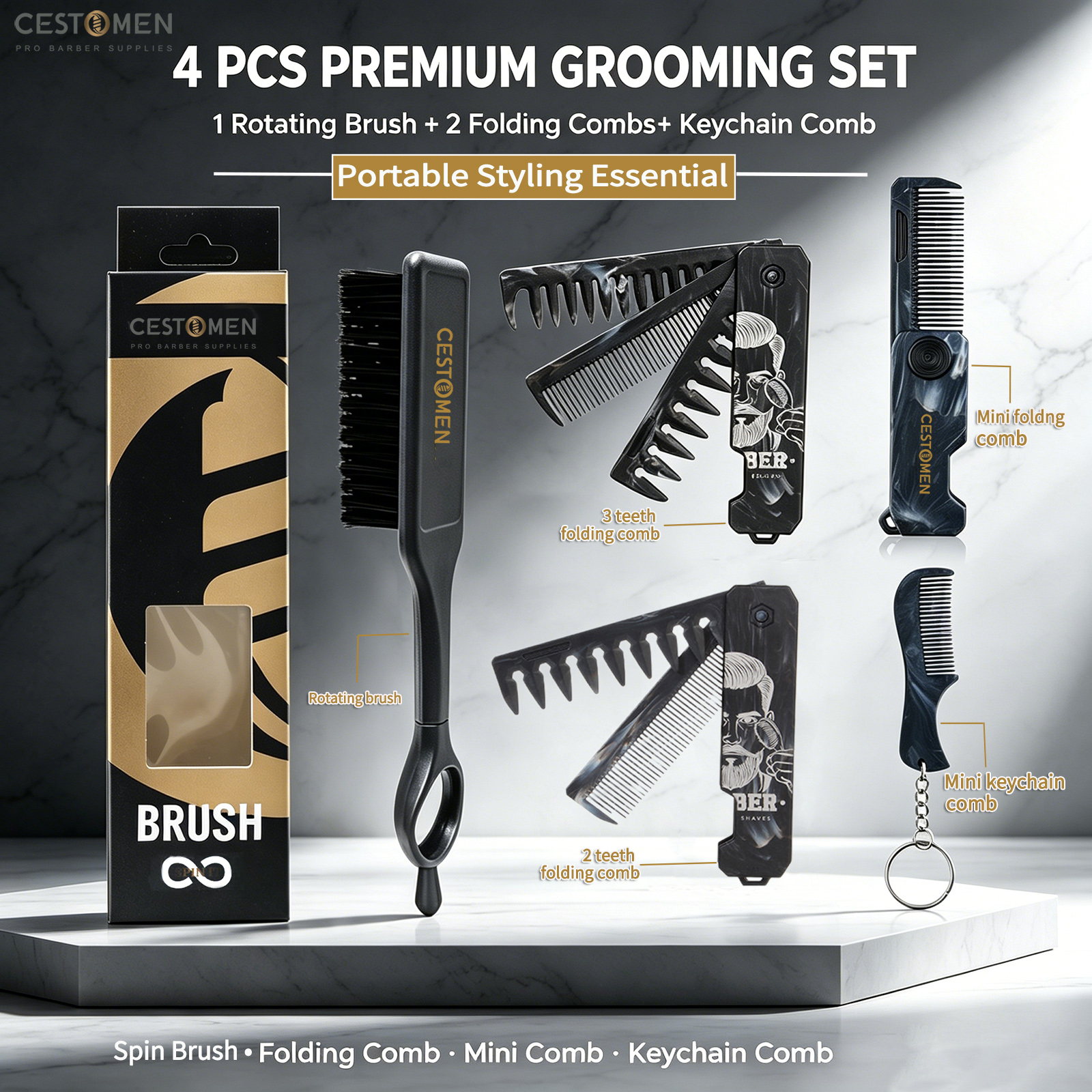 Men'S Grooming Tonic - 4Pcs Marble Pattern Hair Grooming Set